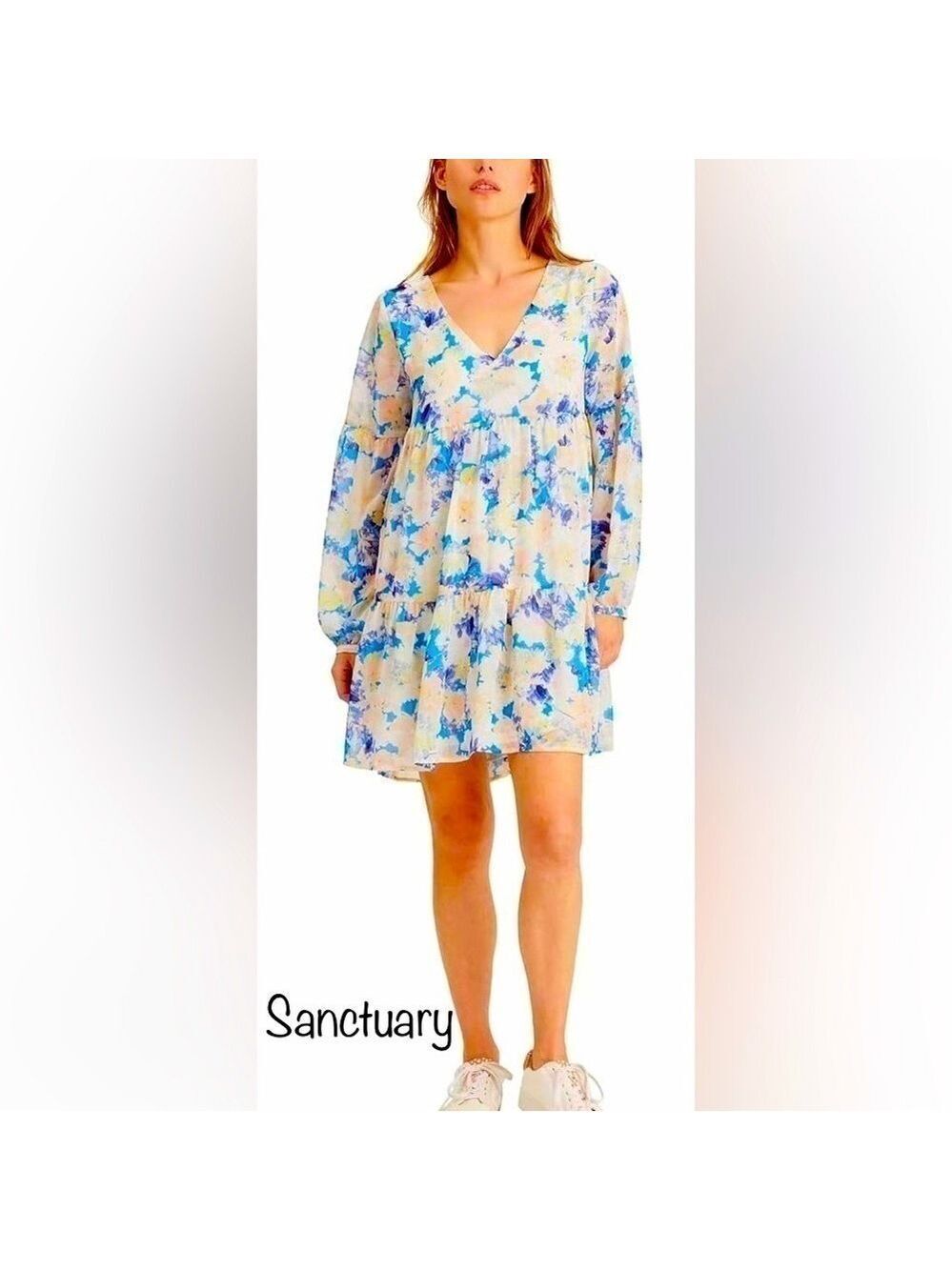🔥NWT🔥 SANCTUARY Imagine Abstract Floral Long Sleeve Babydoll Dress in Blue W4